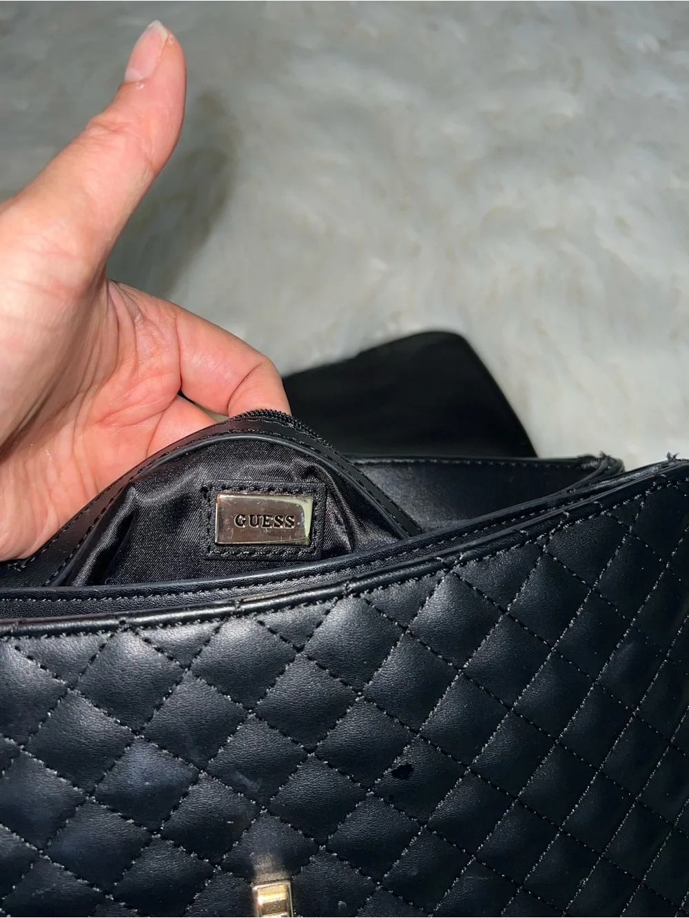 GUESS Los Angeles Black Quilted Top Handle Shoulder Bag Satchel Gold Hardware